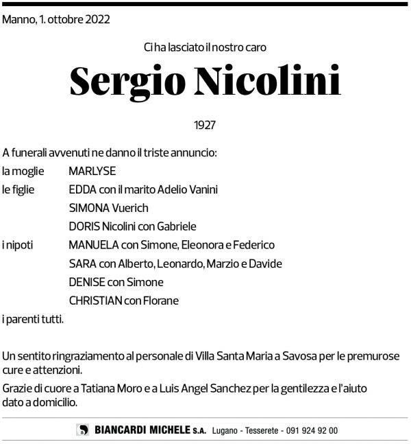 Annuncio funebre Sergio Nicolini