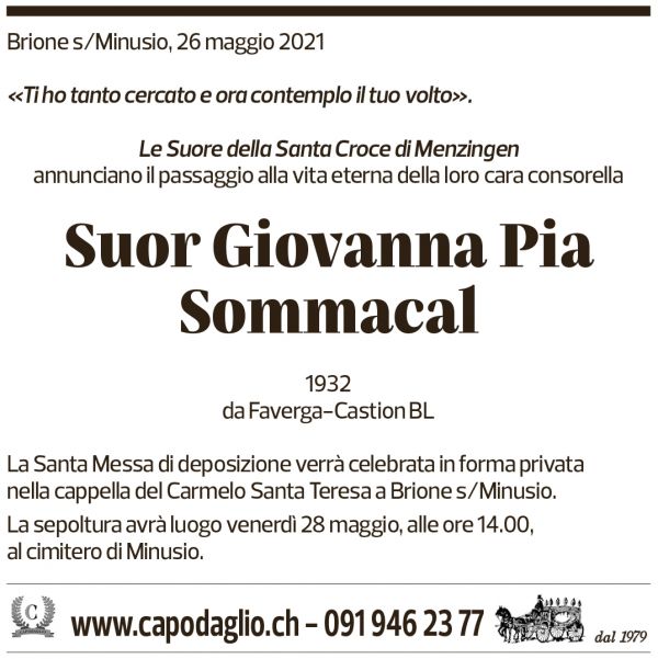 Annuncio funebre Suor Giovanna Pia Sommacal