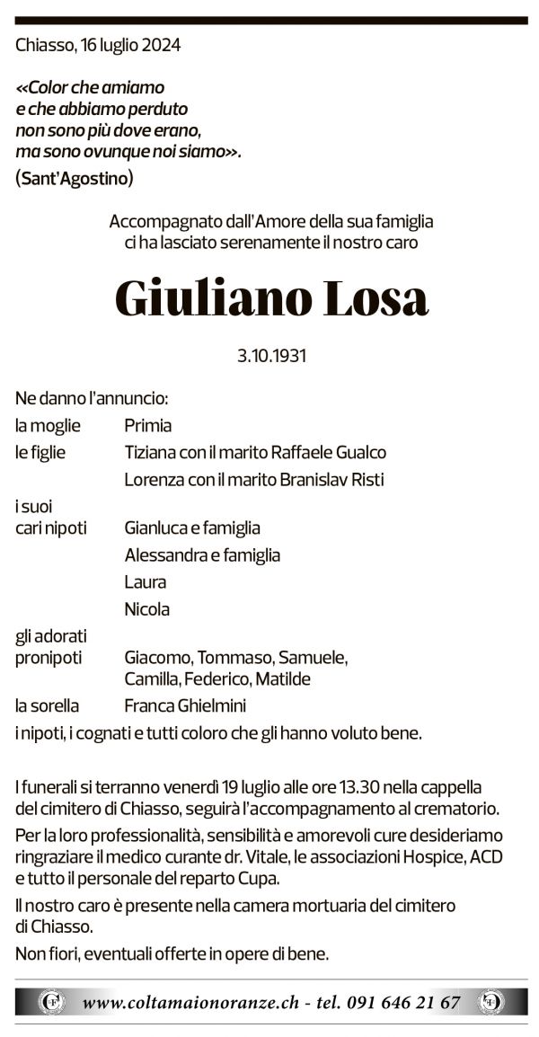 Annuncio funebre Giuliano Losa