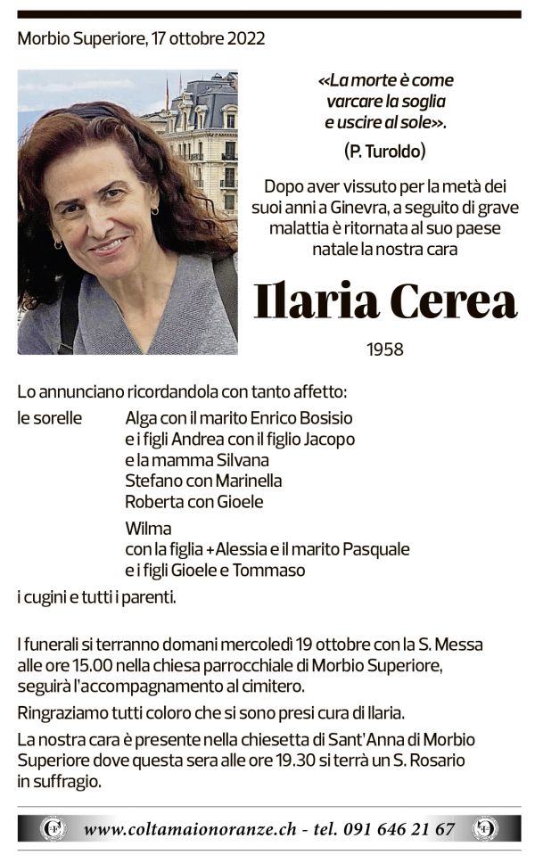 Annuncio funebre Ilaria Cerea