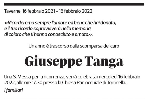 Annuncio funebre Giuseppe Tanga