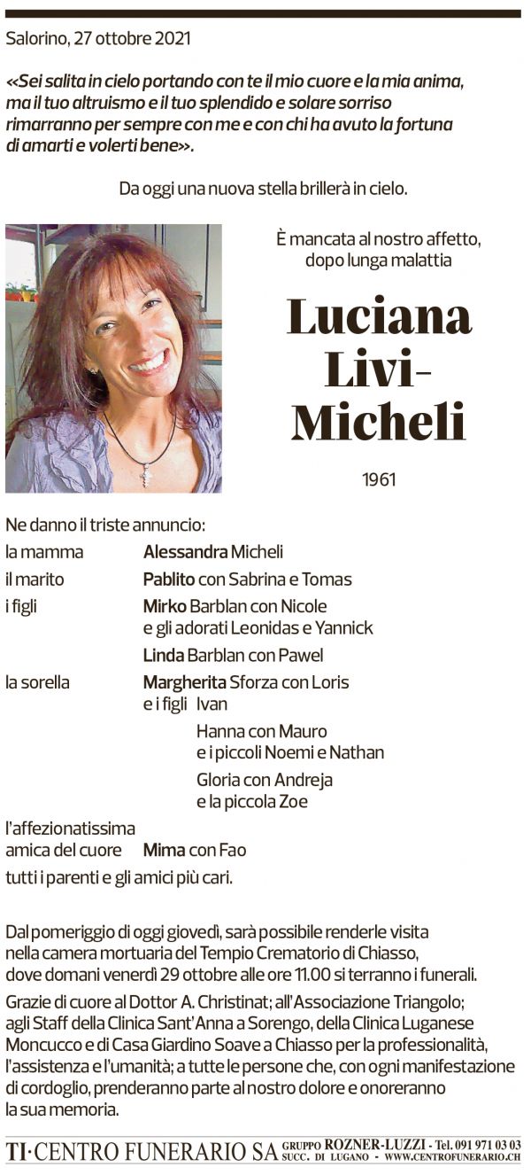 Annuncio funebre Luciana Livi-micheli