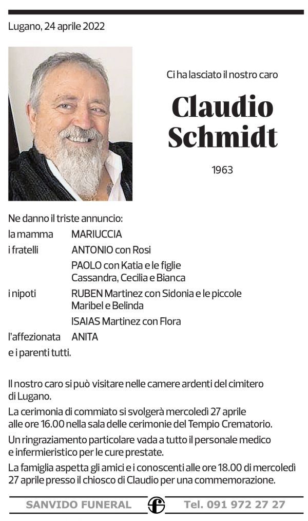 Annuncio funebre Claudio Schmidt