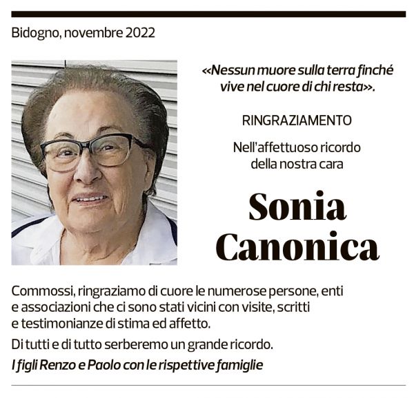 Annuncio funebre Sonia Canonica