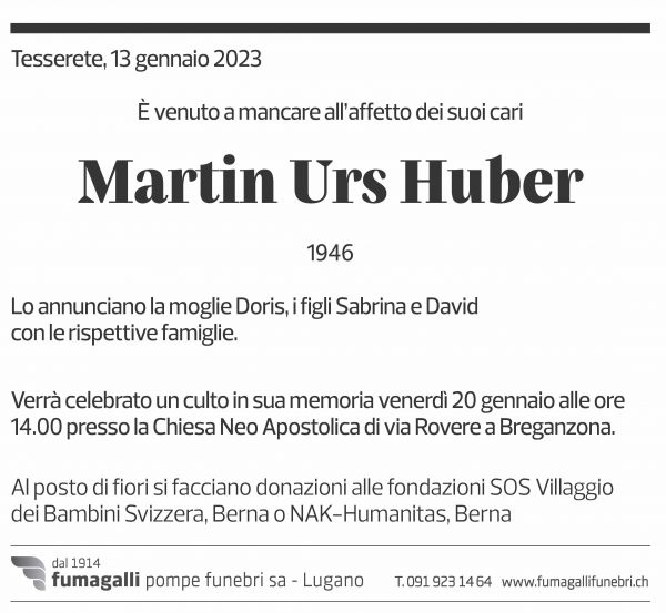 Annuncio funebre Martin Urs Huber