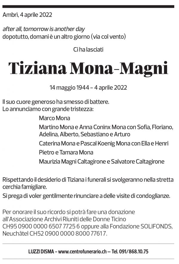 Annuncio funebre Tiziana Mona-magni