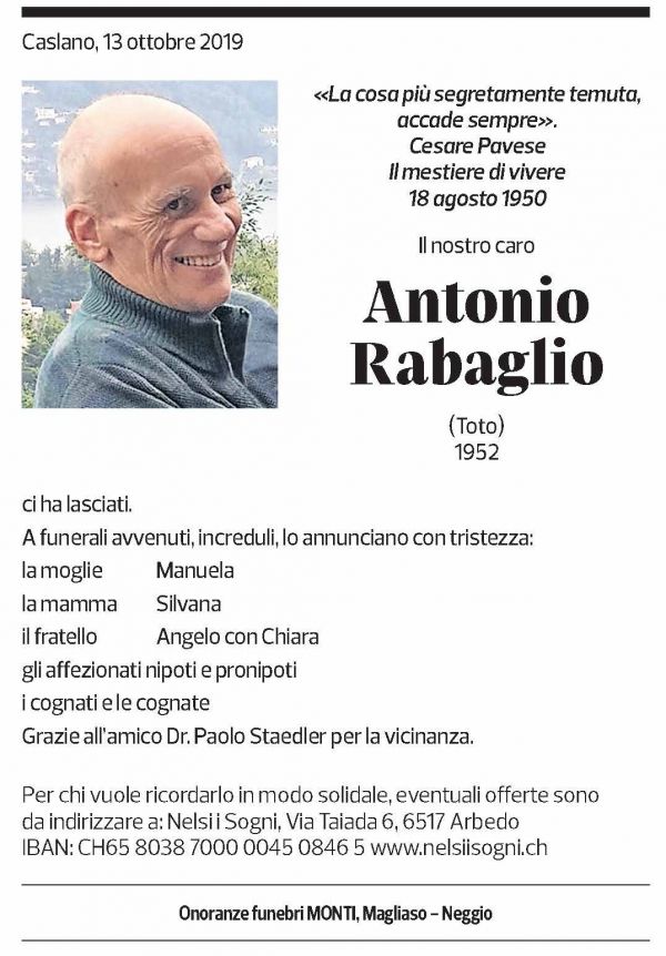 Annuncio funebre Antonio Rabaglio