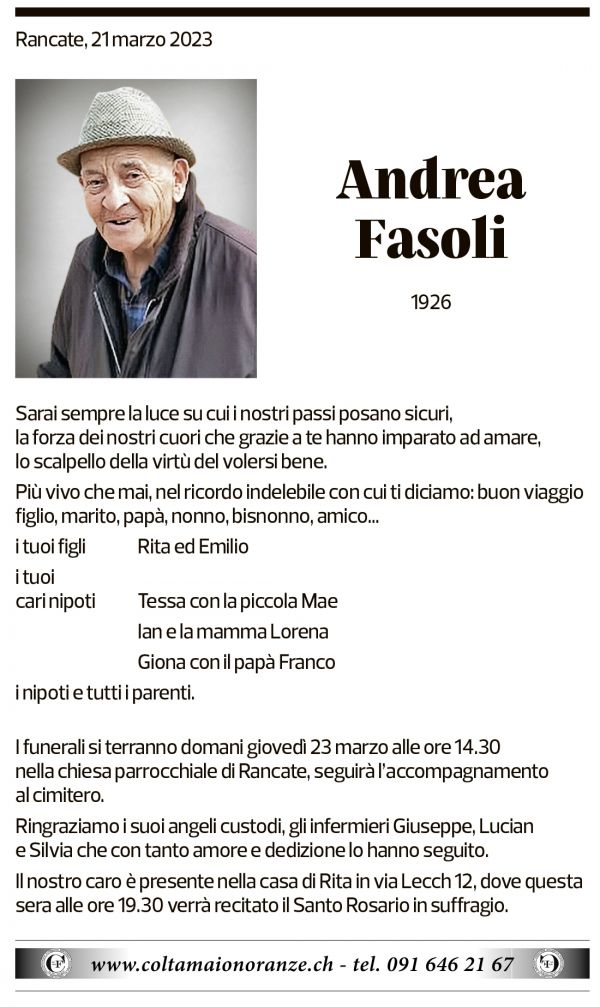 Annuncio funebre Andrea Fasoli