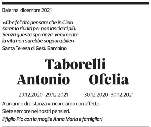 Annuncio funebre Antonio Ofelia Taborelli