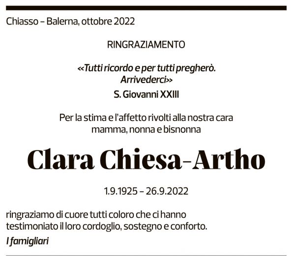 Annuncio funebre Clara Chiesa-artho