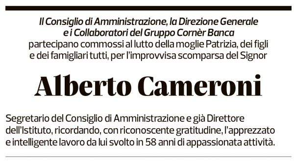 Annuncio funebre Alberto Pietro Cameroni