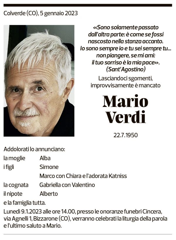 Annuncio funebre Mario Verdi