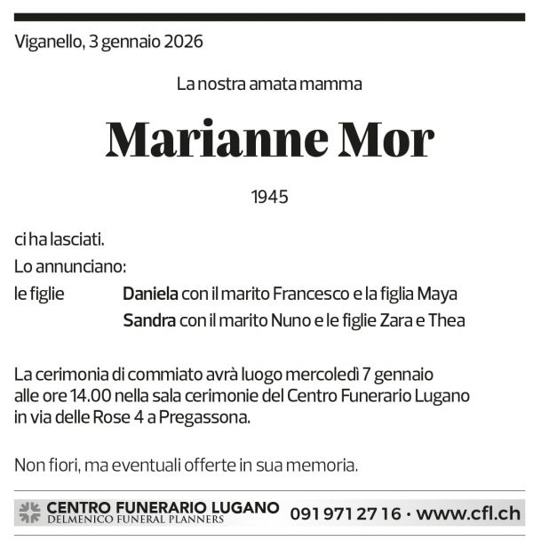 Annuncio funebre Marianne Mor
