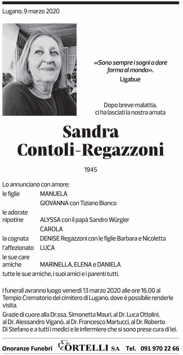 Annuncio funebre Sandra Contoli-regazzoni