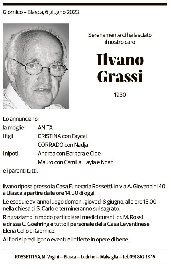 Annuncio funebre Ilvano Grassi