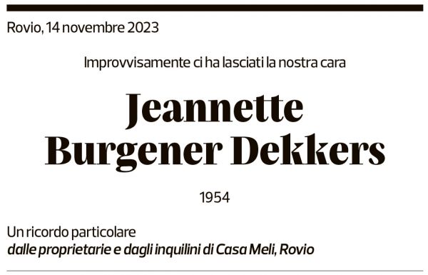 Annuncio funebre Jeanette Burgener Dekkers