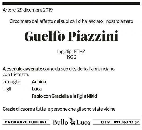 Annuncio funebre Guelfo Piazzini