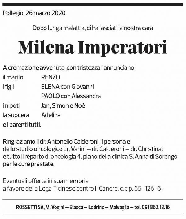 Annuncio funebre Milena Imperatori