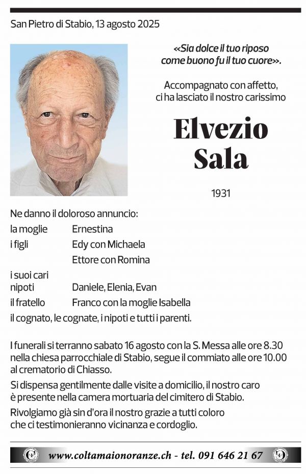 Annuncio funebre Elvezio Sala