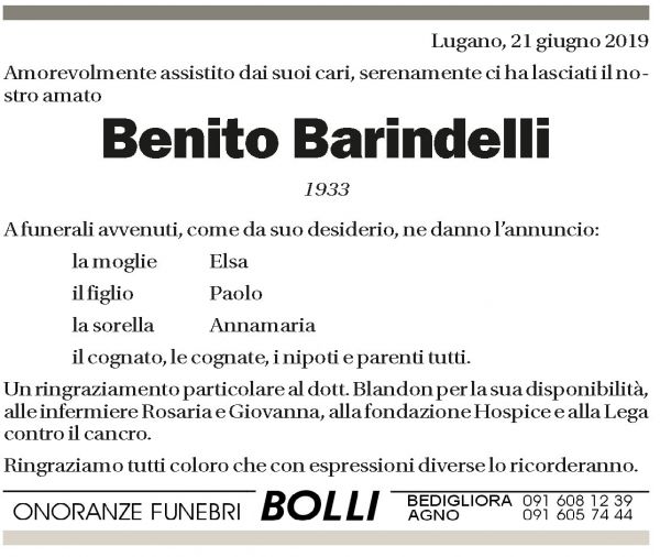 Annuncio funebre Benito Barindelli