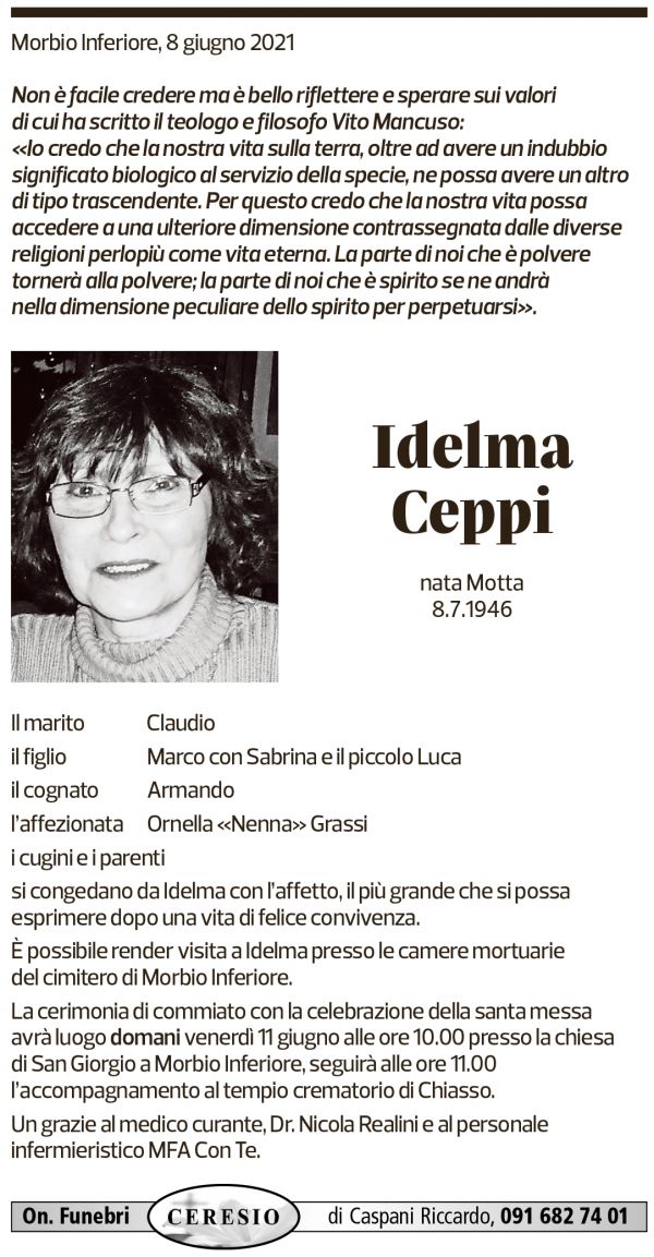 Annuncio funebre Idelma Ceppi