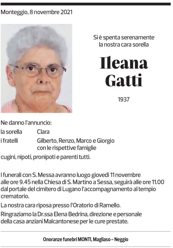 Annuncio funebre Ileana Gatti