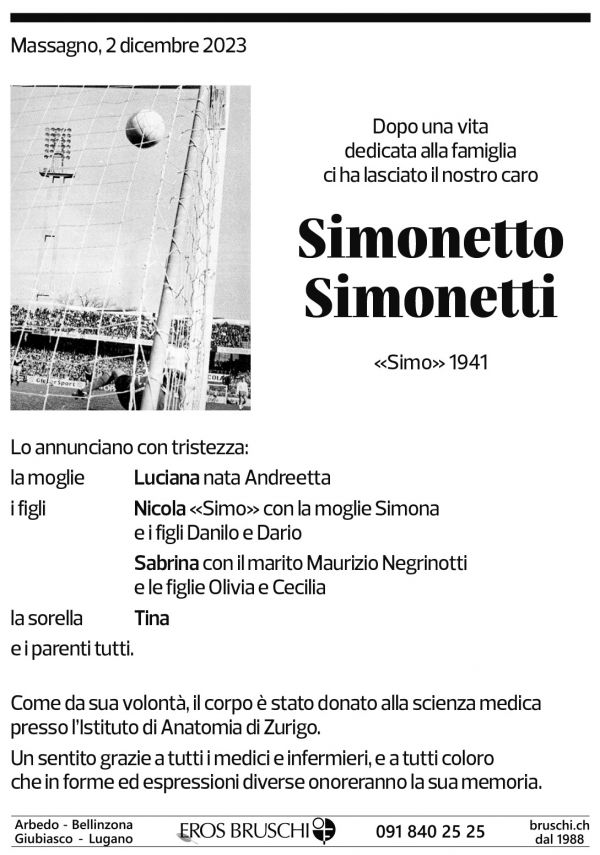 Annuncio funebre Simonetto Simonetti