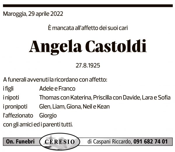 Annuncio funebre Angela Castoldi