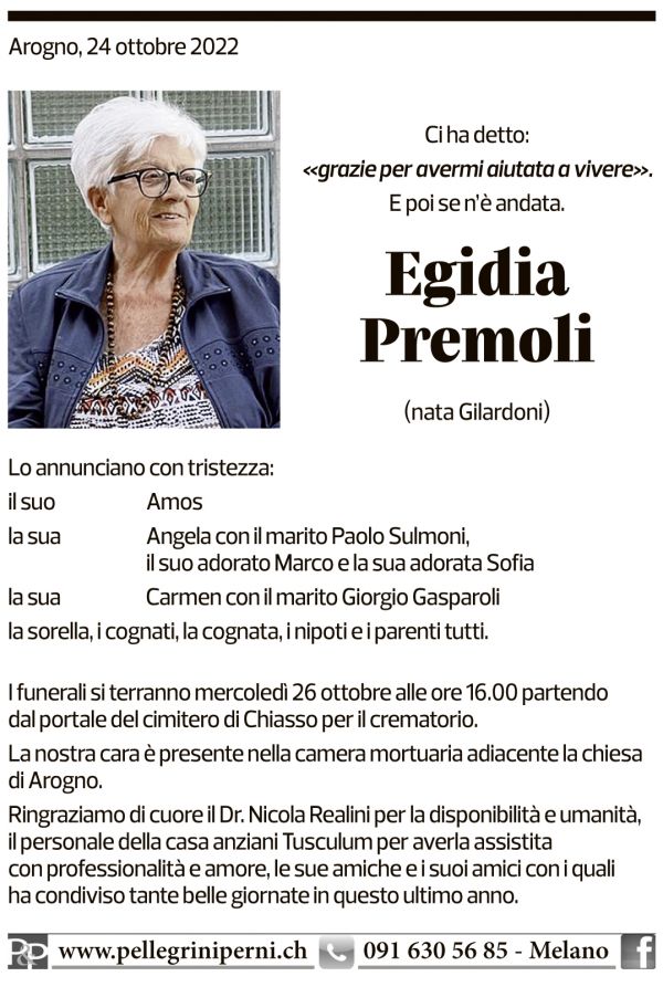 Annuncio funebre Egidia Premoli