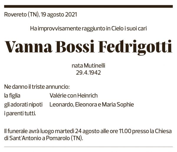 Annuncio funebre Vanna Bossi Fedrigotti