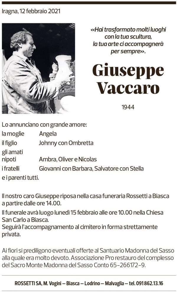 Annuncio funebre Giuseppe Vaccaro