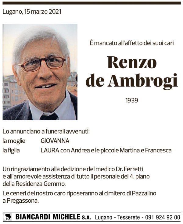 Annuncio funebre Renzo De Ambrogi