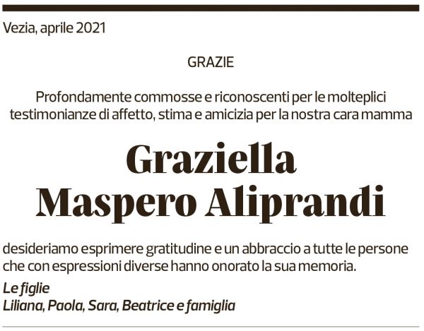 Annuncio funebre Graziella Maspero Aliprandi