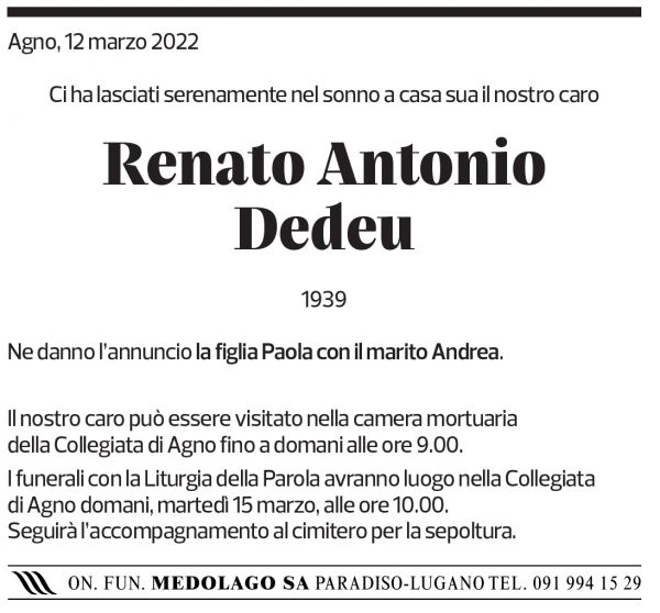 Annuncio funebre Renato Antonio Dedeu