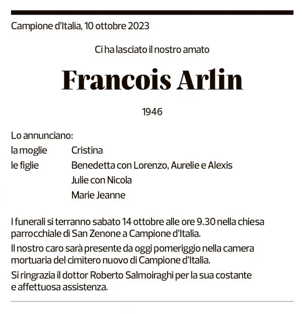 Annuncio funebre Francois Arlin