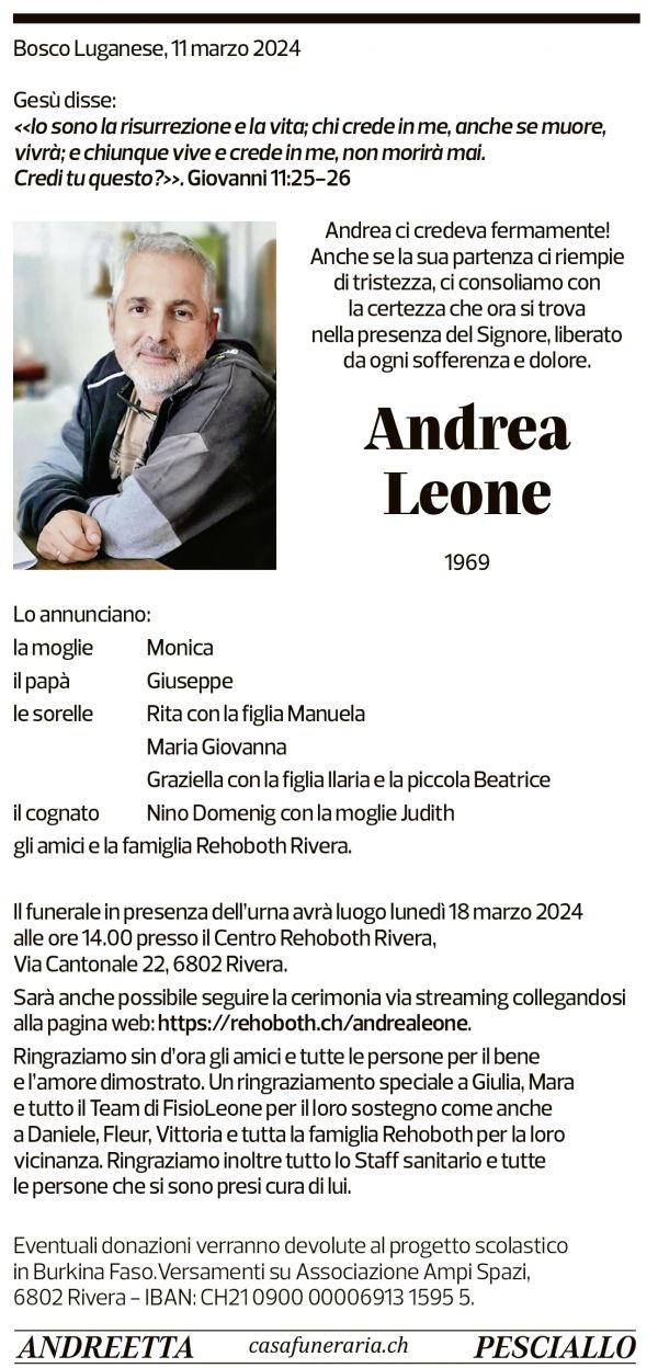 Annuncio funebre Andrea Leone