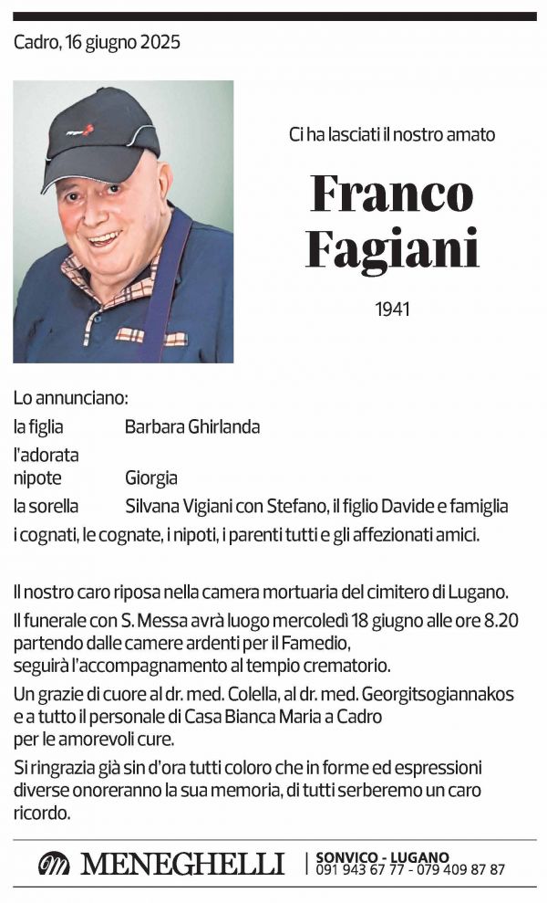 Annuncio funebre Franco Fagiani