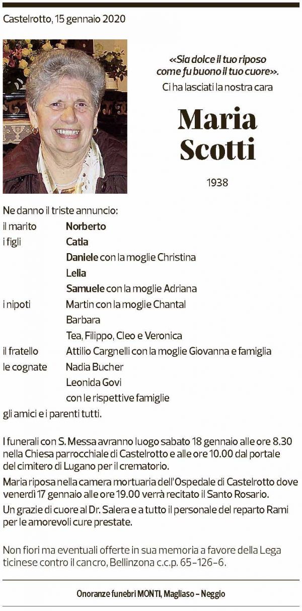 Annuncio funebre Maria Scotti