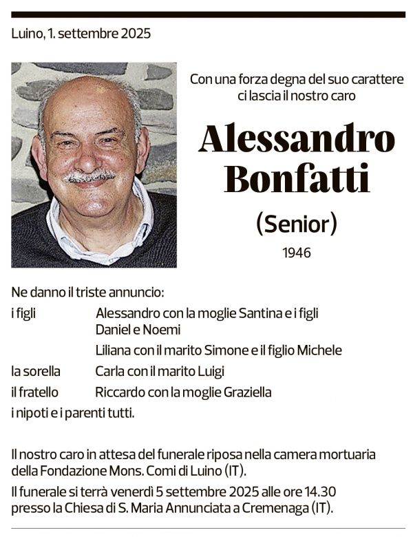 Annuncio funebre Alessandro Bonfatti