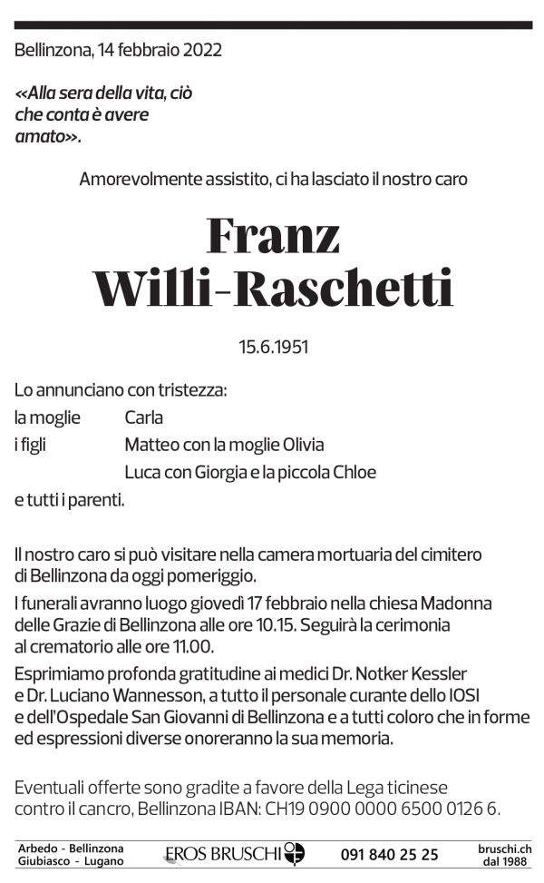 Annuncio funebre Franz Willi-raschetti