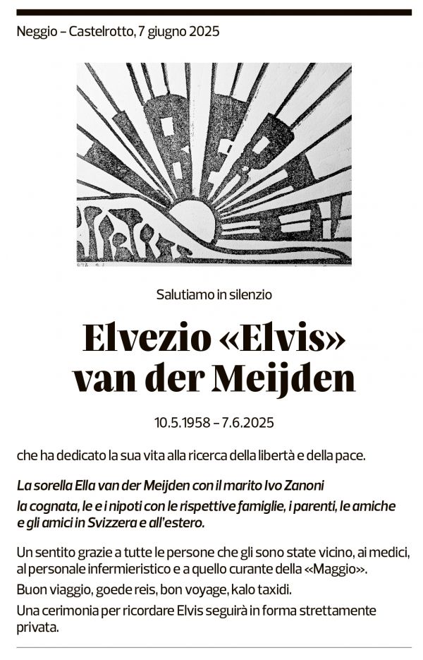 Annuncio funebre Elvezio Van Der Meijden