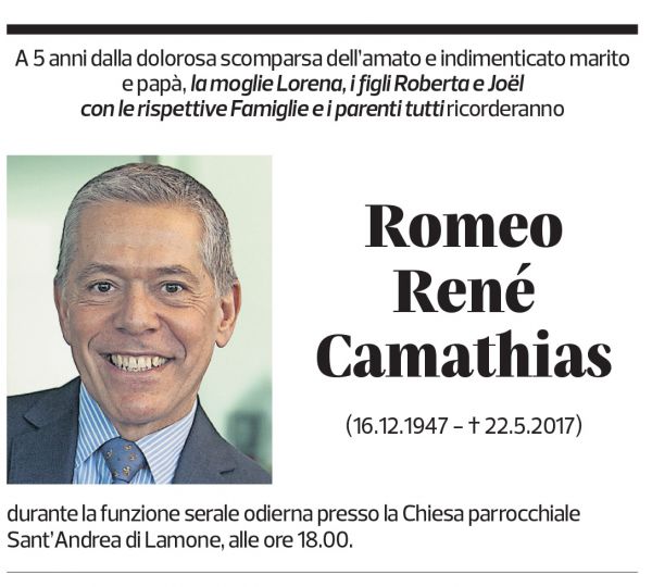 Annuncio funebre Romeo René Camathias