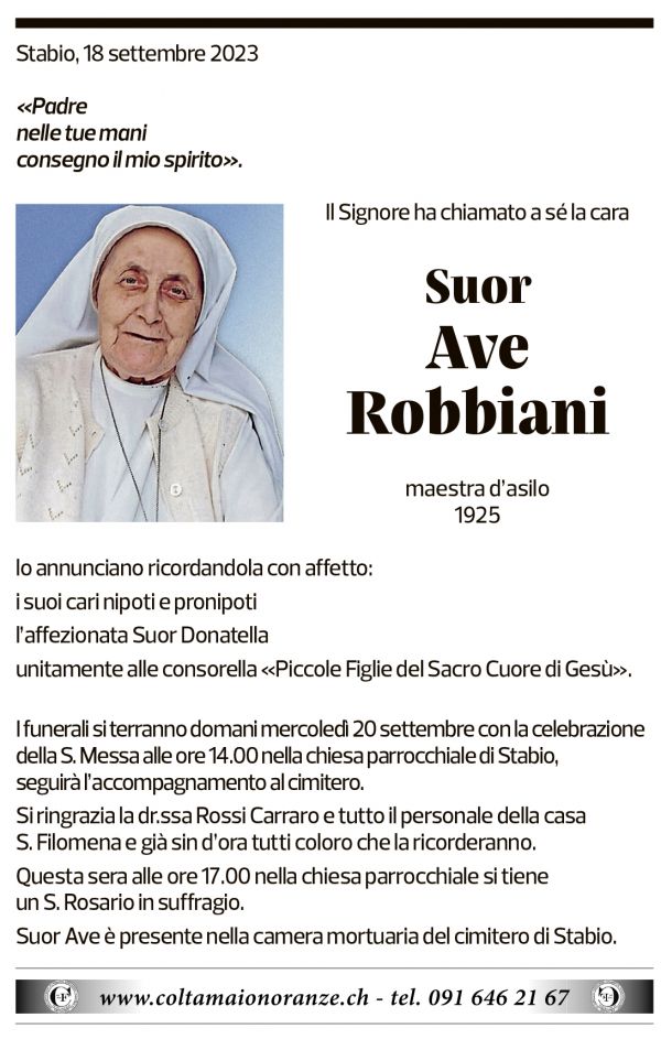 Annuncio funebre Suor Ave Robbiani