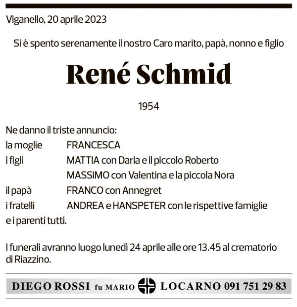 Annuncio funebre René Schmid