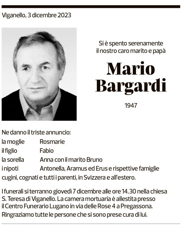 Annuncio funebre Mario Bargardi