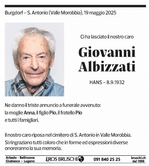 Annuncio funebre Giovanni Albizzati