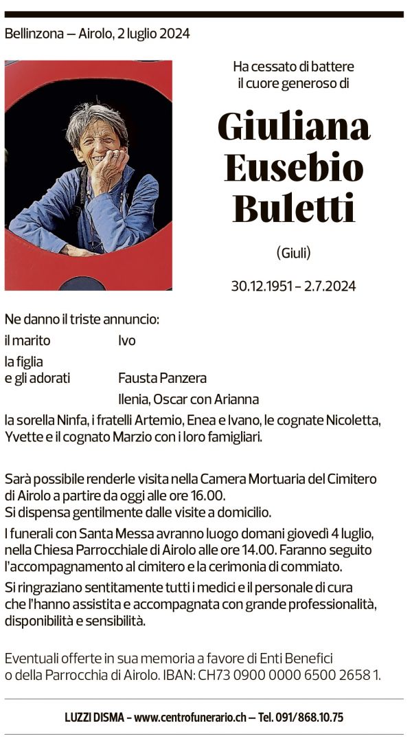 Annuncio funebre Giuliana Eusebio Buletti