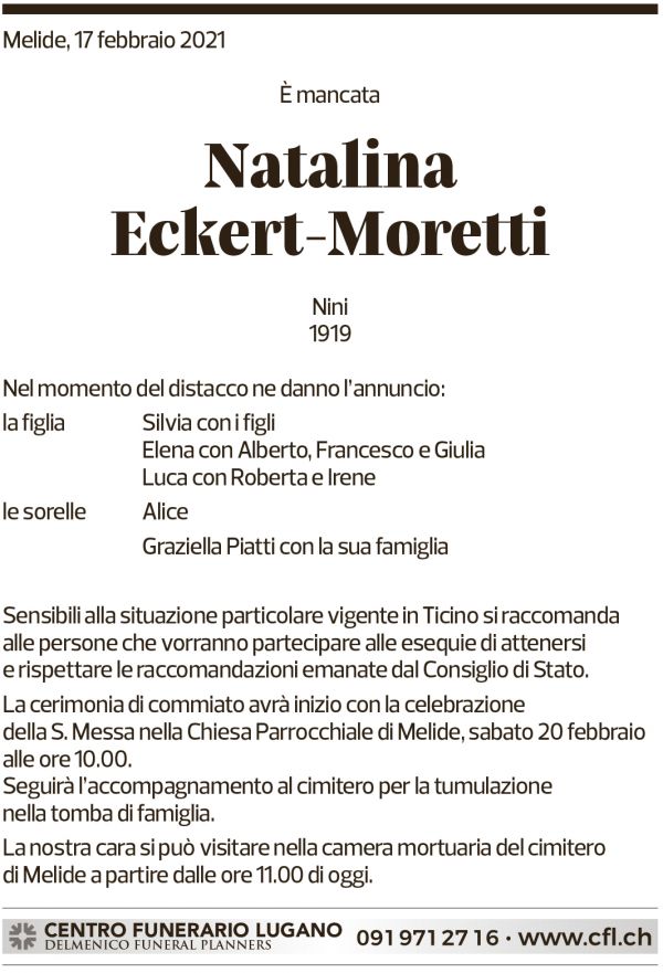 Annuncio funebre Natalina Eckert-moretti