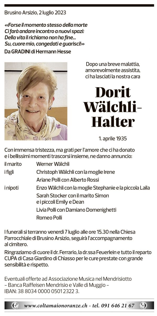 Annuncio funebre Dorit Wälchli-halter