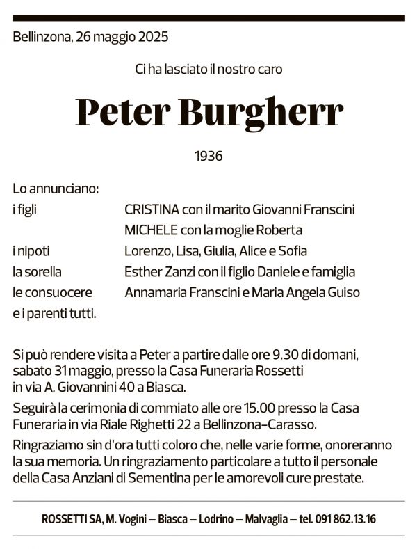 Annuncio funebre Peter Burgherr